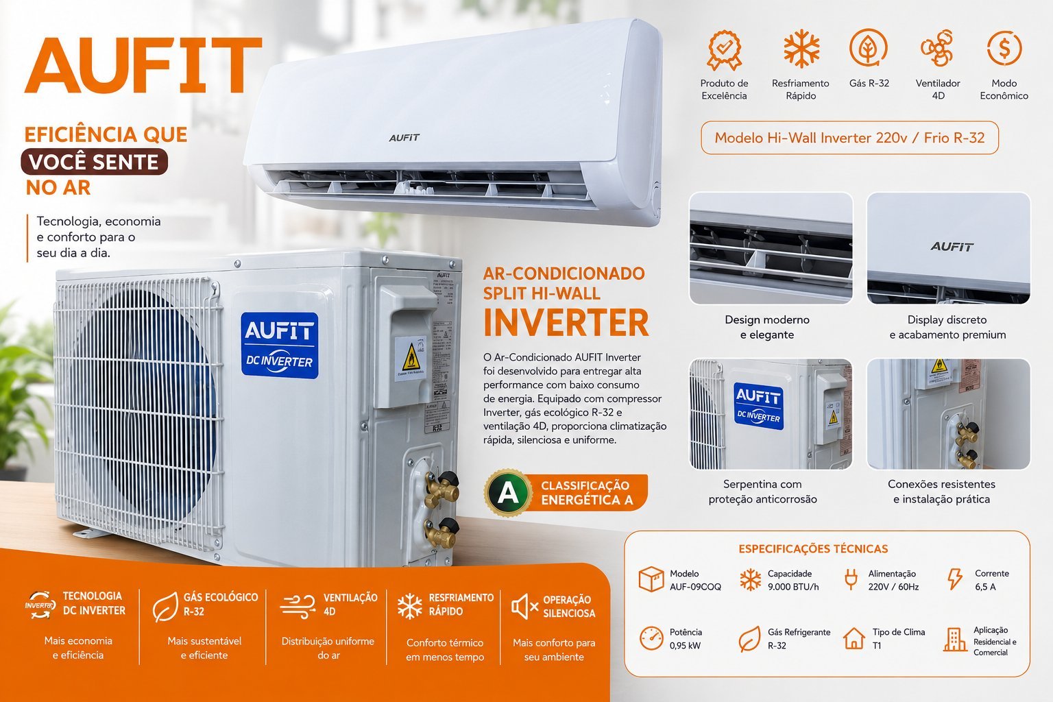 AR CONDICIONADO SPLIT HI WALL INVERTER 9.000BTUS FRIO R32 AUF-09COQG 220V AUFIT - Foto 2