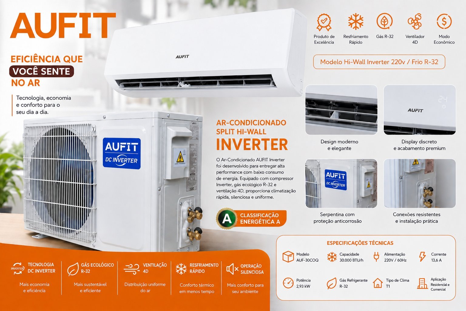 AR CONDICIONADO SPLIT HI WALL INVERTER 30.000BTUS FRIO R32 AUF-30COQG 220V AUFIT - Foto 2