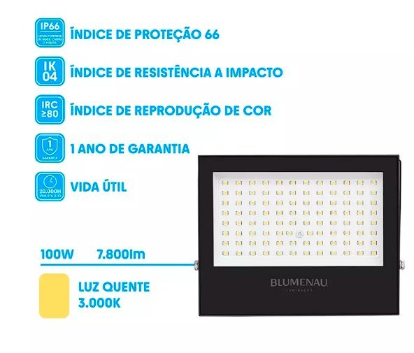 REFLETOR LED 100W 3000K IP66 BIVOLT PRETO BLUMENAU - Foto 2
